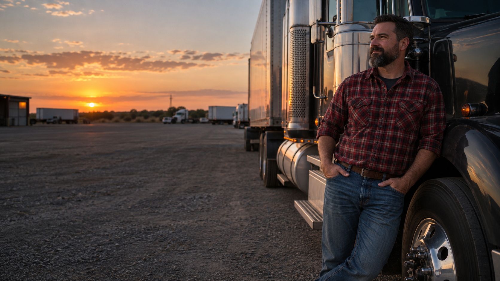 Bearded truck driver in a red plaid shirt leaning beside his semi truck