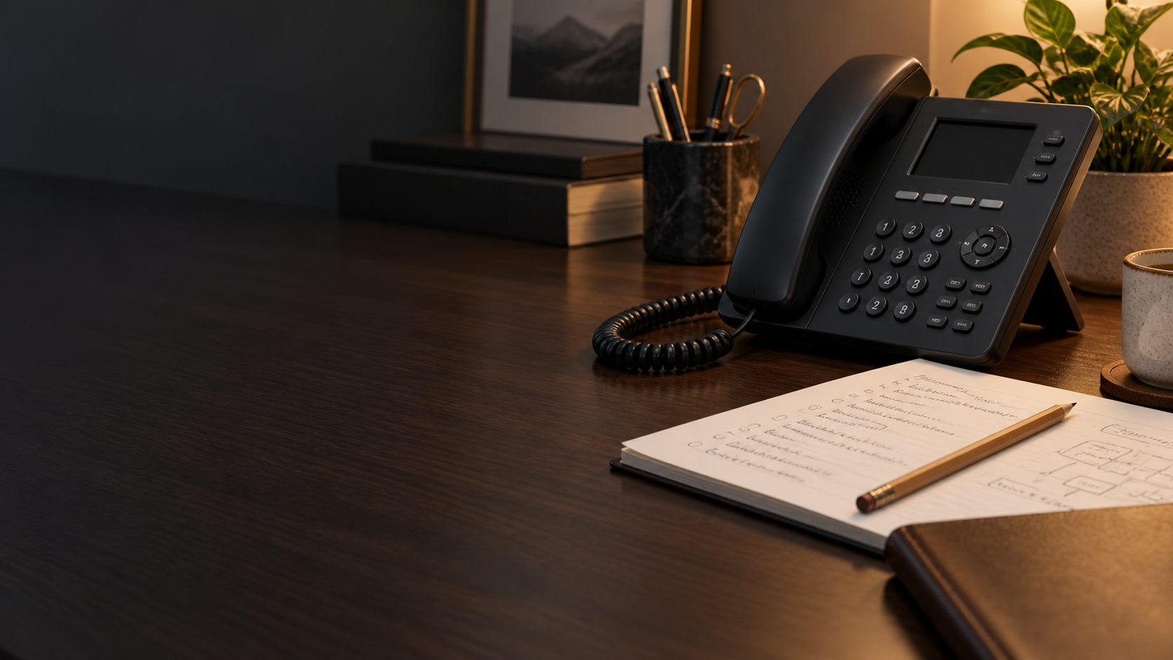 Desk telephone beside meeting notes and a pencil