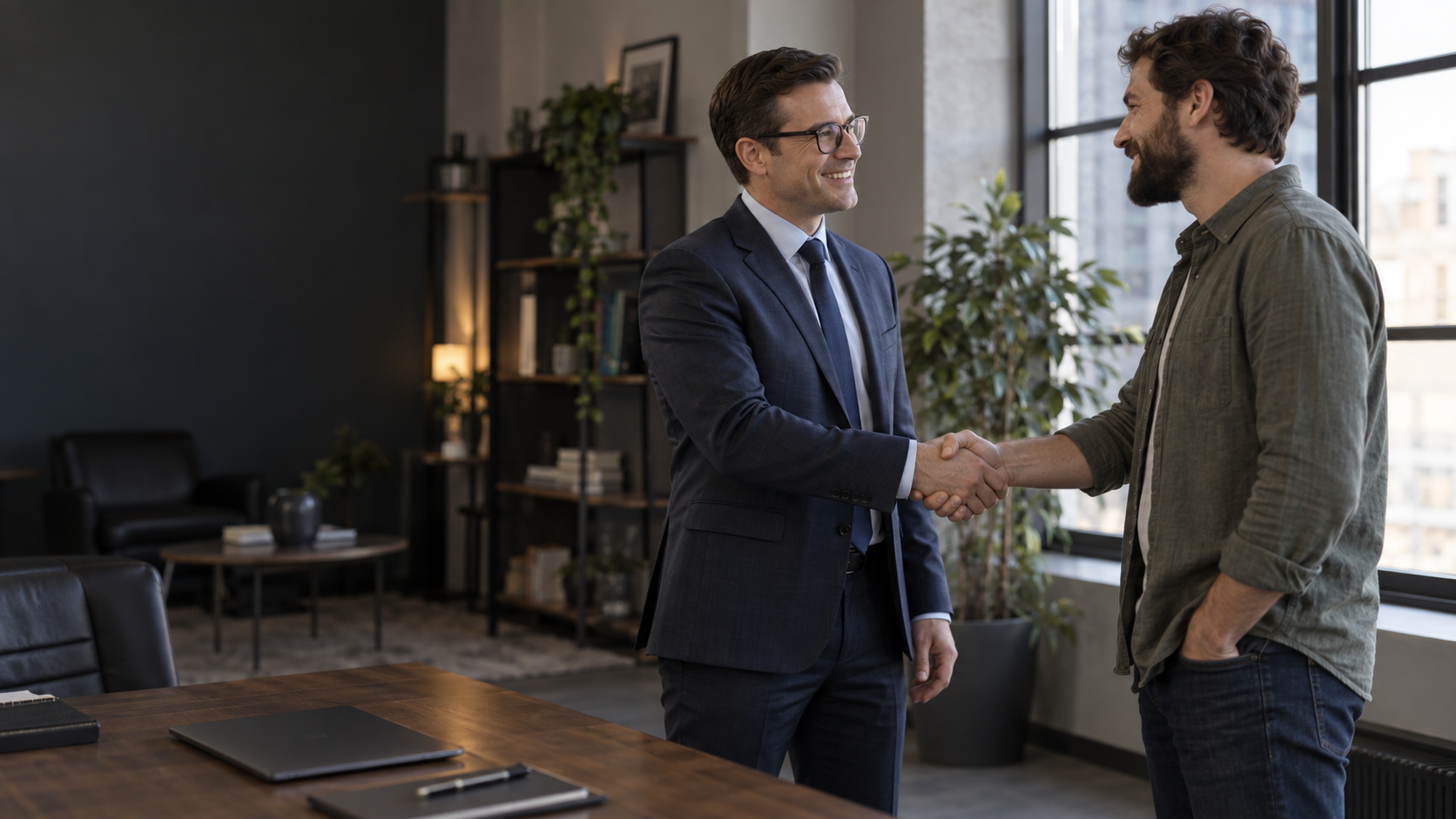 A clean-shaven man with glasses in a two-piece suit shaking hands with a bearded man in casual clothes in an office